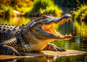 Fototapeta premium A large, ancient alligator, jaws wide open, soaks up warm midday sun beside a serene pond, its scaly skin glistening with dew.