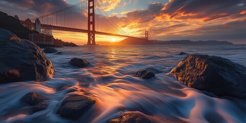 Golden Gate Bridge at Sunset with Flowing Waves. Stunning sunset over the Golden Gate Bridge, with waves crashing against rocks in the foreground, capturing the iconic silhouette against a vibrant sky