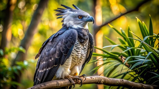Majestic harpy eagle perches on a branch, showcasing its densely feathered plumage, intense gaze, and razor-sharp beak, frozen in a fierce, ear-piercing screech.