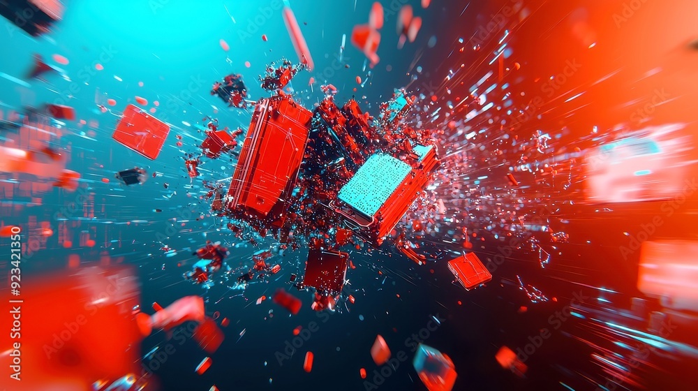 Poster abstract digital landscape, dynamic particle explosion, quantum core visualization, interconnected c