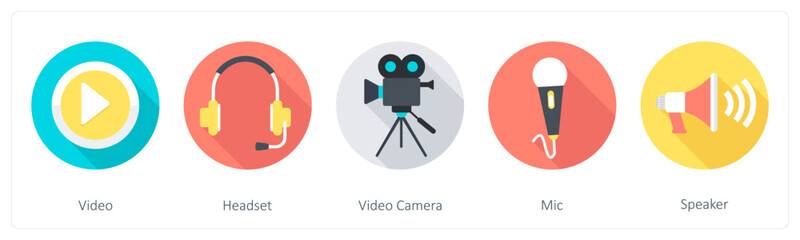 A set of 5 Communication icons as video, headset, video camera