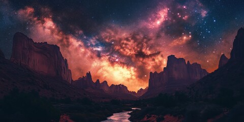 Fototapeta premium Milky Way Over Desert Canyon at Night. Mesmerizing night scene with the Milky Way arching over a dramatic desert canyon, illuminated by starlight and the faint glow of the galaxy.