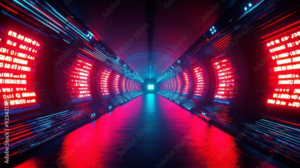 Poster futuristic ai tunnel, an abstract digital landscape showcasing flowing binary code within a virtual 