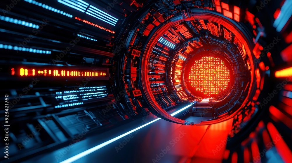 Poster futuristic ai tunnel, an immersive digital landscape featuring abstract binary code, creating a surr