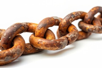 Rusty old chain with corroded links and worn texture isolated on a pristine white background, exuding a sense of age and neglect.