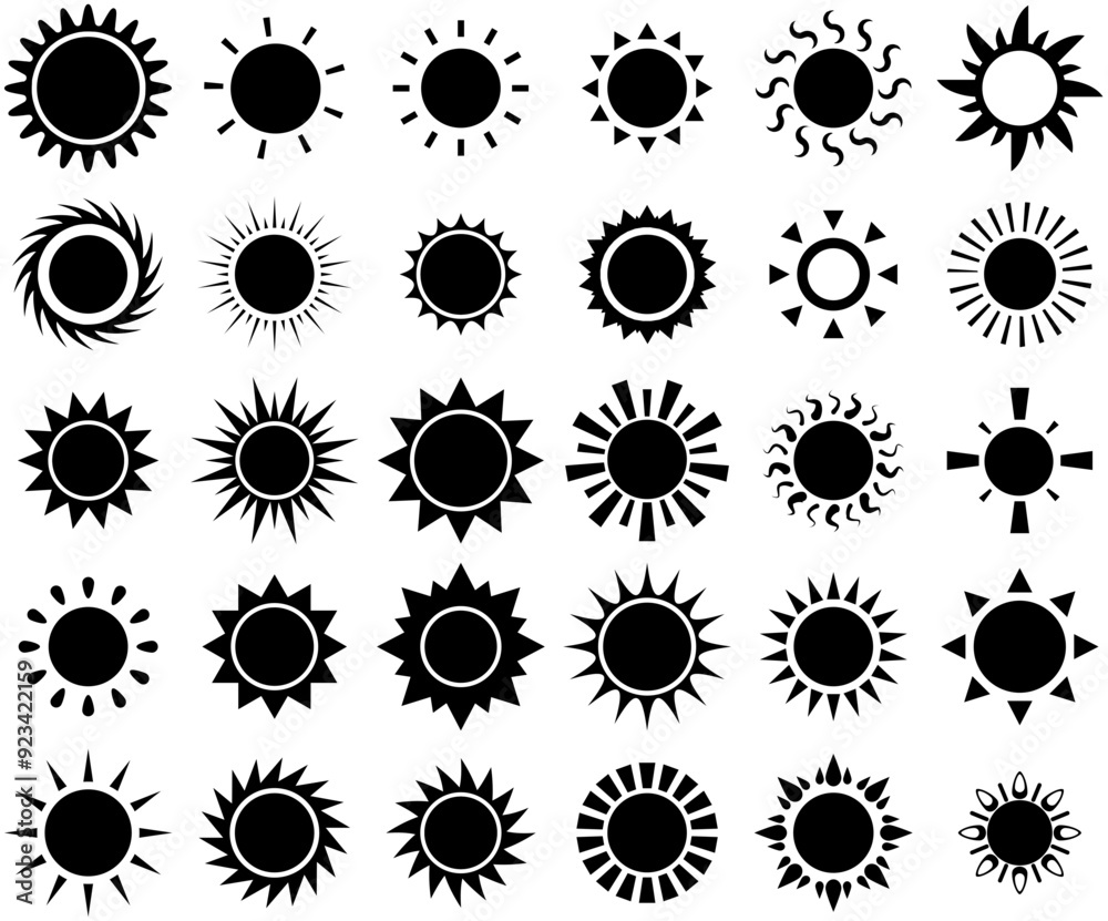 Poster set of linear sun vector symbols apps, websites ui designs suitable for summer,sun,warm,weather,sunn