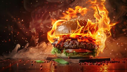 Flaming burger with melted cheese and toppings on wooden board in low light