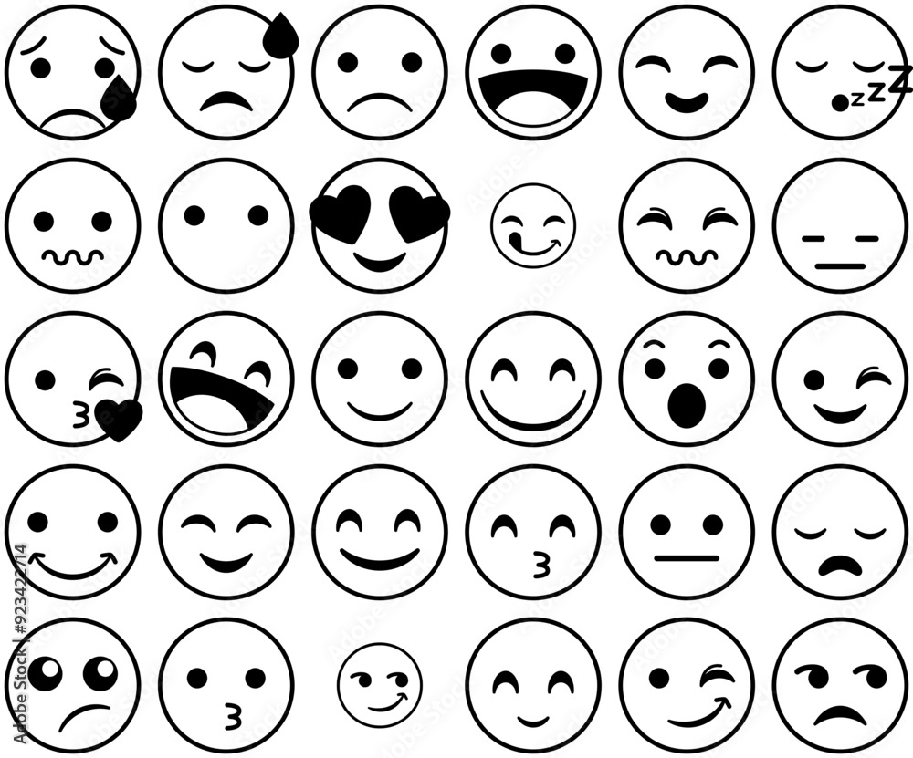 Wall mural mega set of vector sticker emotions isolated silhouette solid icons with happy,face,emotion,smile,em