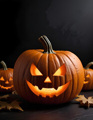An orange Jack-O'-Lantern Pumpkin with a carved spooky face, surrounded by Other Pumpkins on A Dark Background with Silhouted Bats Flying