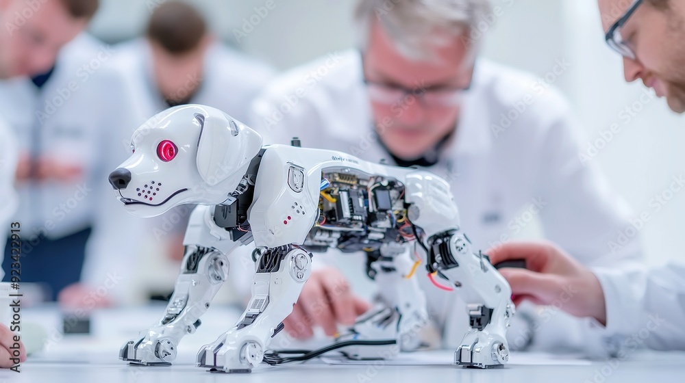 Poster international robotics engineers collaborate on advanced ai technology, connecting a motherboard to 
