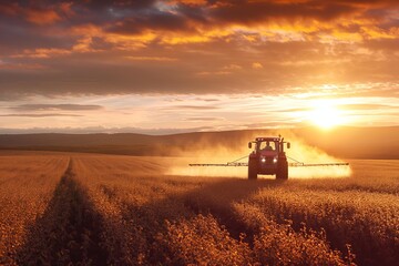 Fototapeta premium A tractor sprays pesticide on soybean crops at sunset in a vast field