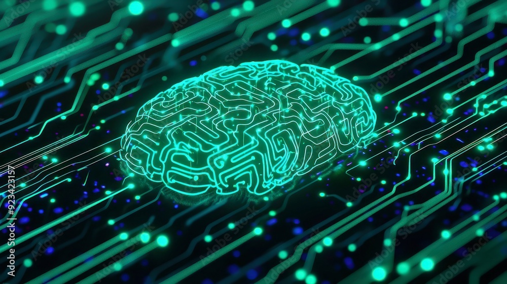 Poster digital mindscape, an intricate 3d representation of an artificial intelligence brain, interconnecte