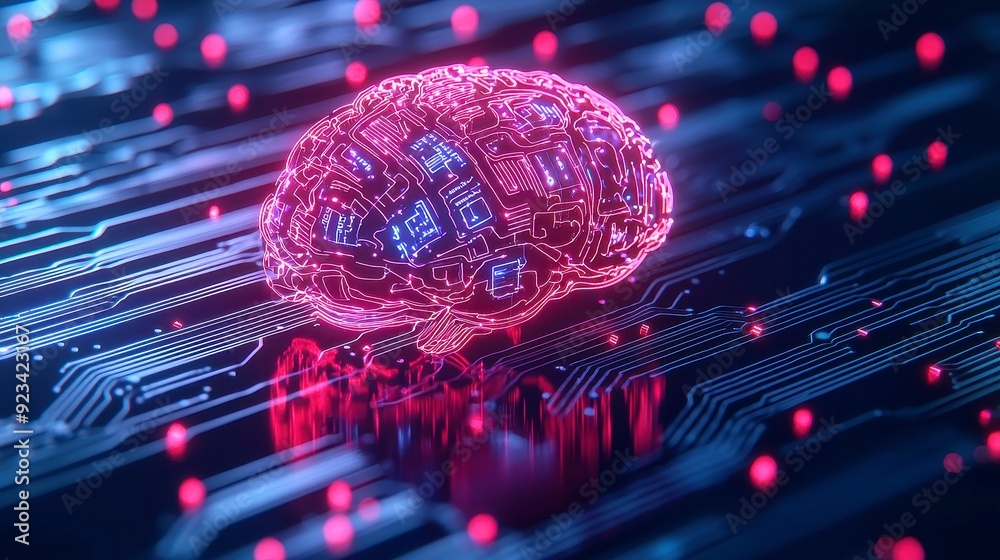Poster ai neural network in cyber space, a digital brain interconnected with big data, showcasing advanced 