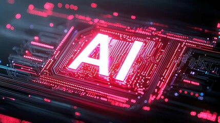 Fototapeta premium AI Technology Concept, vibrant neon letters illuminate a dark backdrop, symbolizing advanced machine learning, data analysis, and innovative solutions for modern business challenges