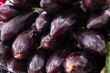 Fresh eggplant on market counter