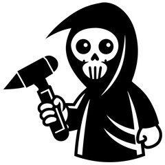 grim reaper cartoon bring hand impact wrench on a white background silhouette vector illustration