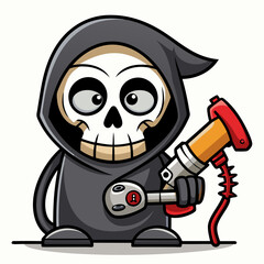 grim reaper cartoon bring hand impact wrench on a white background silhouette vector illustration