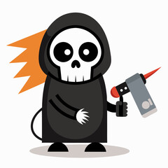 grim reaper cartoon bring hand impact wrench on a white background silhouette vector illustration