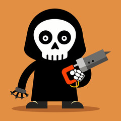 grim reaper cartoon bring hand impact wrench on a white background silhouette vector illustration