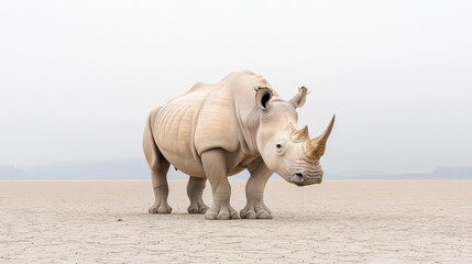 A majestic white rhinoceros stands on a barren landscape, showcasing its unique features. A powerful symbol of wildlife conservation.
