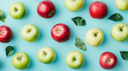 Vibrant Ripe Red and Green Apples on Light Blue Background Flat