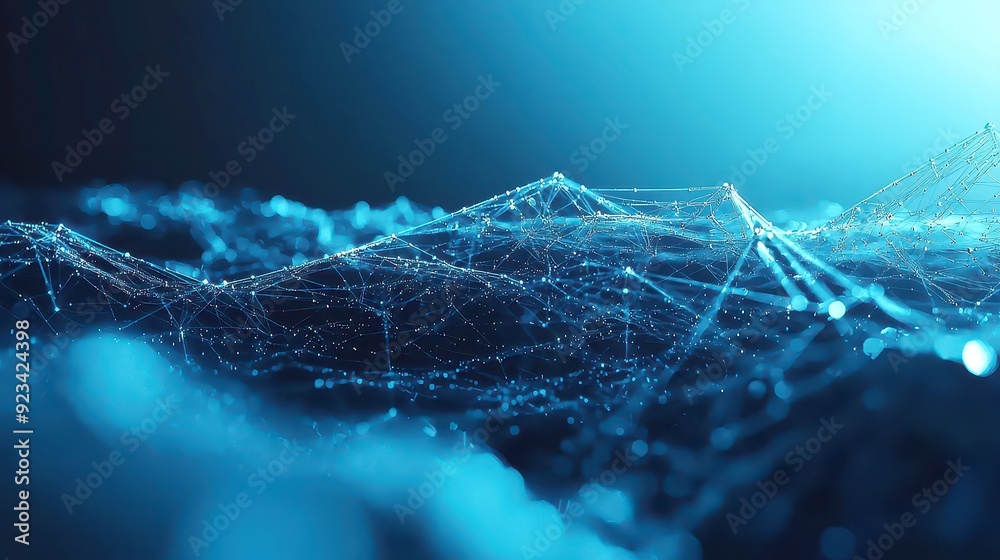 Poster blue abstract backdrop featuring a cyber network grid interlinked with luminous particles, evoking a