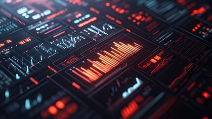 Obraz premium A 3D rendering of a financial dashboard with stock prices, currency rates, and market indices.