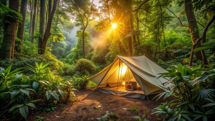Serene jungle camping setup with a sleek tent amidst lush green foliage and vines, illuminated by warm sunlight, with minimalistic natural background elements.