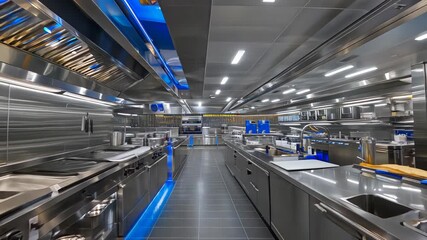 Design of a professional kitchen for a restaurant or cafe. Metal table. Kitchen equipment for catering. Cooking space