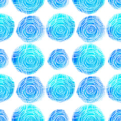 Abstract background. Seamless pattern with hand-drawn round spirals doodle on blue watercolor circles.   Monochrome. Line art.  Perfect for design templates, wallpaper, wrapping, fabric and textile, p