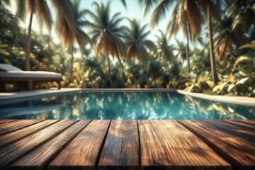 Fototapeta premium Tropical Poolside Scene with Wooden Tabletop
