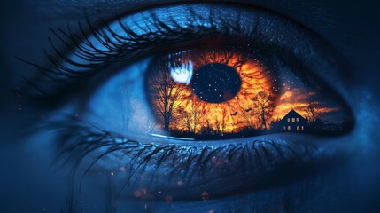 Naklejka premium Double exposure of Eyeballs and halloween night sky