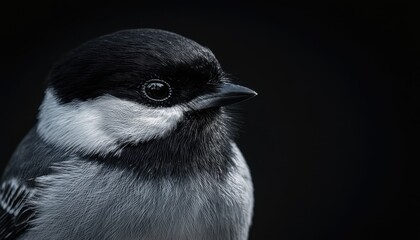 Close-up of a black and white bird perched, captured against a dark background