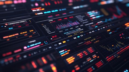 A detailed 3D rendering of a financial dashboard with real-time stock prices, currency rates, and market data.