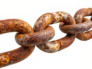 Fototapeta premium Rusty old chain with corroded links and worn metal texture isolated on a pure white background, evoking nostalgia and decay.