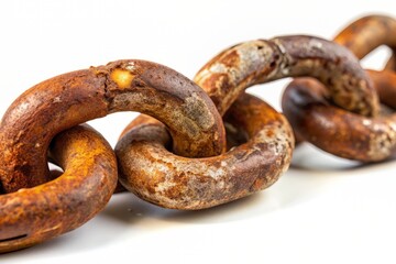 Fototapeta premium Rusty old chain with worn links and corrosion, isolated on a clean white background, evoking a sense of decay and abandonment, with warm nostalgic tones.