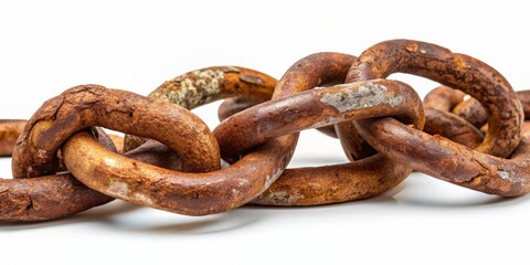 A weathered, corroded, old chain lies isolated on a pristine white background, its rusty links twisted and tangled, telling a story of abandonment and decay.