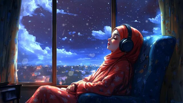 anime style It's a stunning night and a moslem woman wear headphone in the cozy chair and close eye