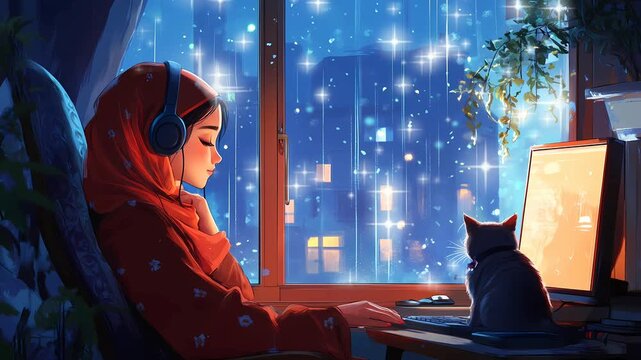 anime style It's a stunning night and a moslem woman wear headphone in the cozy chair and close eye