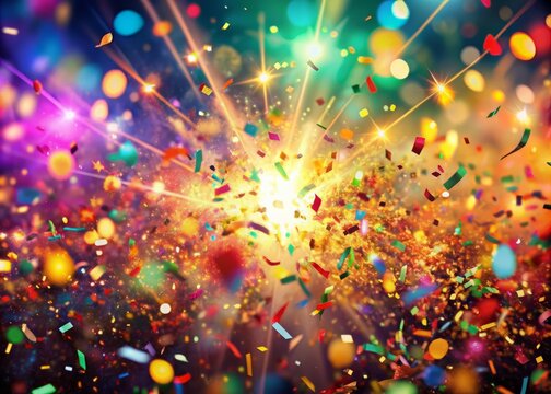 Vibrant confetti explosion fills the air, surrounded by blurred abstract colors, capturing the essence of joyous celebration and frenzied festivity in a magical atmosphere.