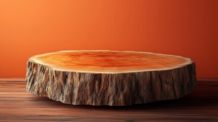 A large log sits on a wooden table