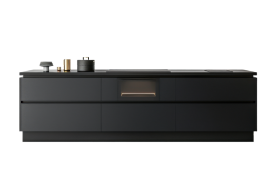 A black kitchen counter with a pot and a bowl on it