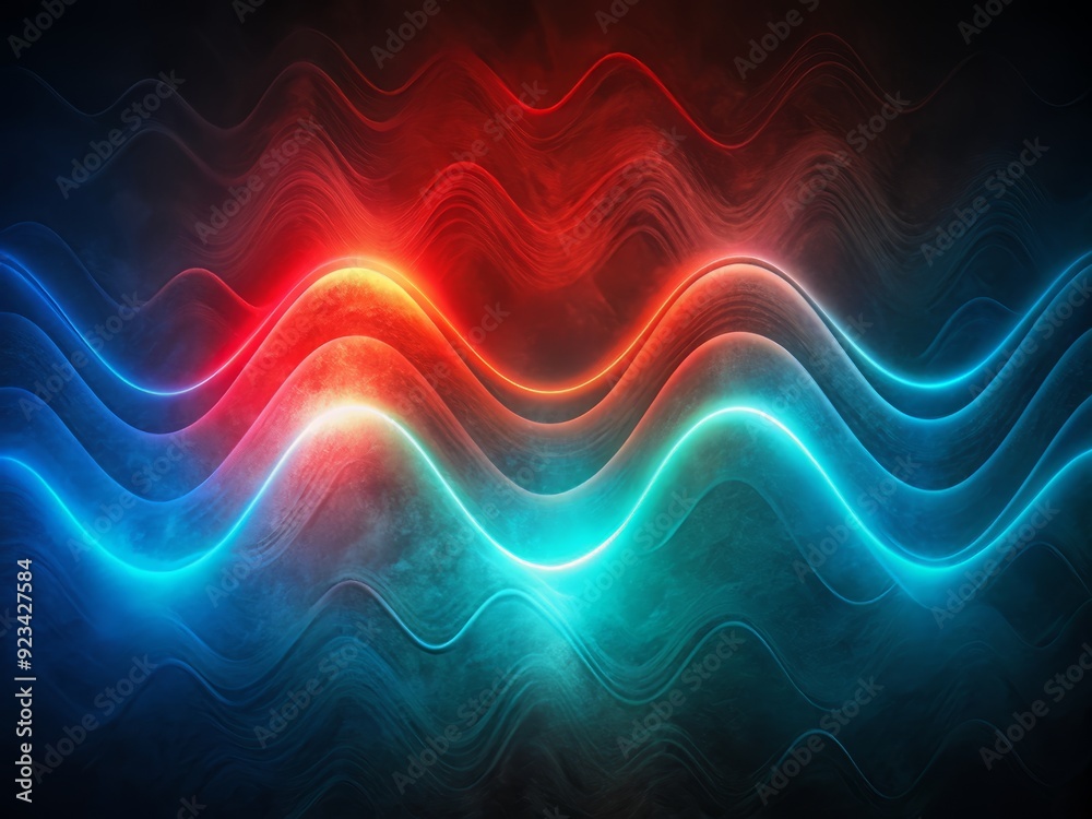 Wall mural Vibrant gradient background featuring glowing red, blue, and teal abstract color waves on a dark, noisy, textured black backdrop with a grainy effect.