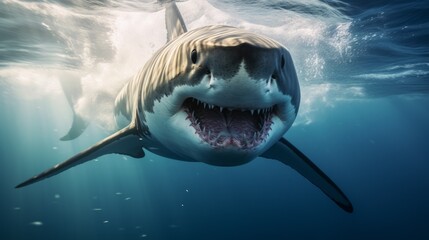 Ocean shark bottom view from below. Open toothy dangerous mouth with many teeth. Neural network ai generated art