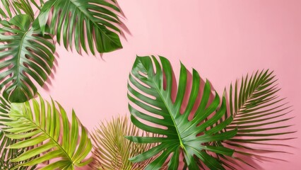 Obraz premium A minimalist design featuring green foliage on a light pink backdrop, blending natural elements with modern aesthetics