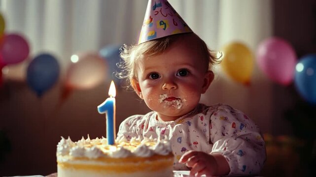 A joyful baby celebrates their first birthday with a cake, wearing a party hat and enjoying the sweet frosting.