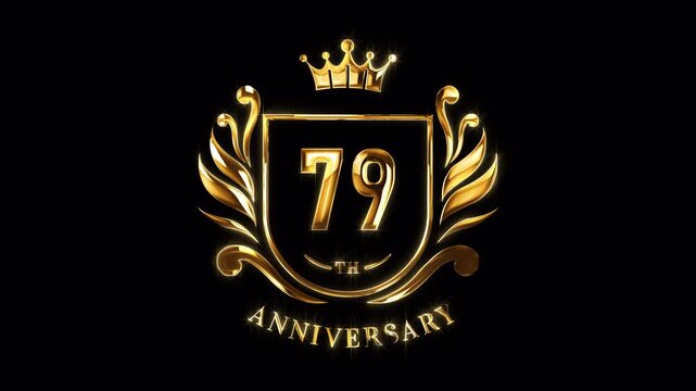79th Anniversary Celebration. Happy 79 Years Anniversary Animation in Gold Color on the Transparent Background, Alpha Channel. Great for greetings, celebrations, events, and gifts.