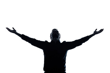 Silhouette of the man success , victory isolated on white background