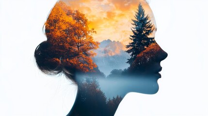 Ghostly figure overlapping with a serene autumn landscape, creating a haunting yet peaceful atmosphere, Halloween double exposure, ethereal contrast