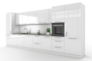 Fototapeta premium A white kitchen with a sink, oven, and microwave